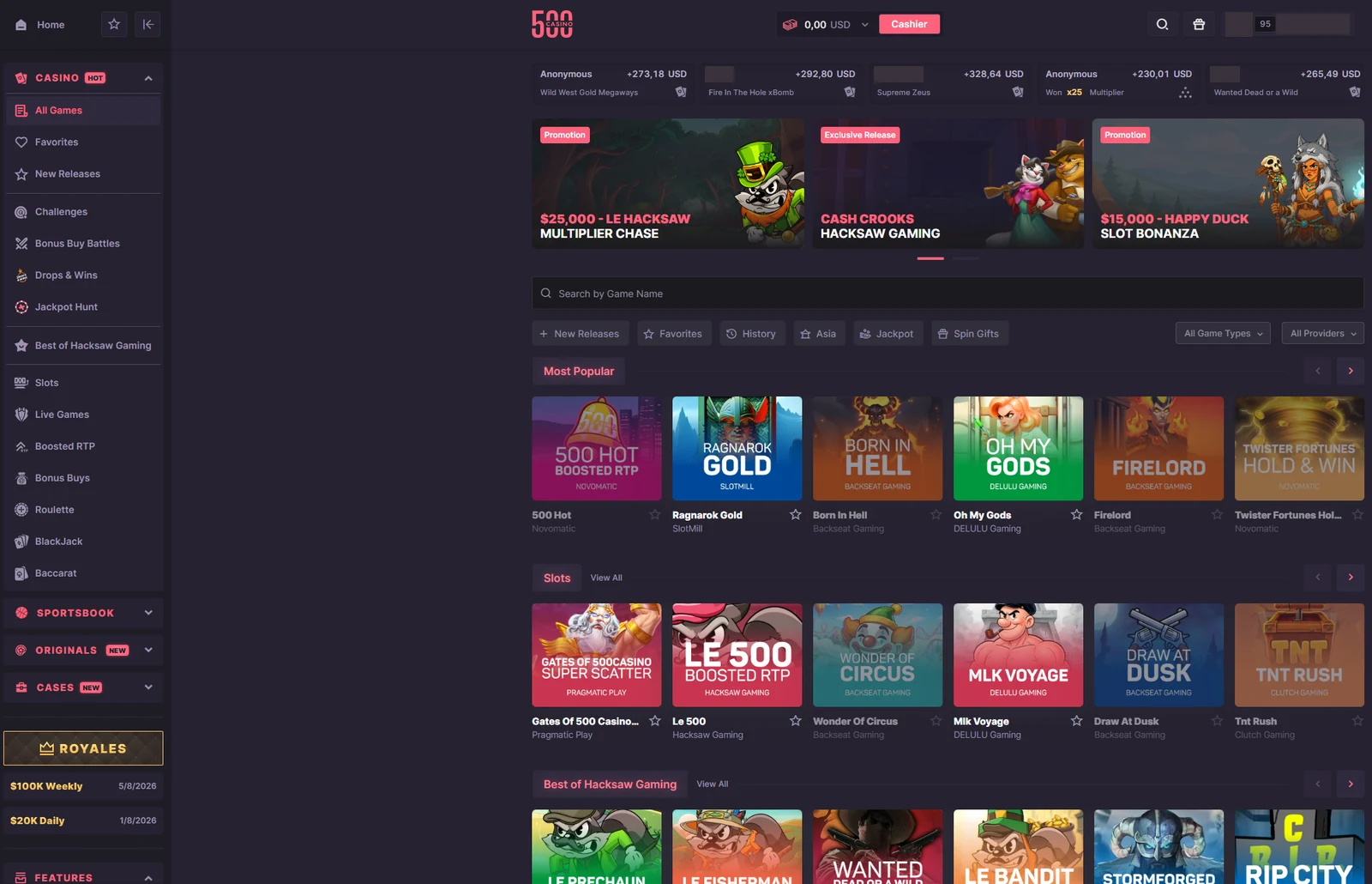 The casino All Games lobby with provider tiles, promotion banners and a sidebar of filters including Boosted RTP and Jackpot Hunt