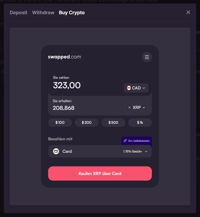 The Buy Crypto cashier tab showing an embedded swapped.com widget converting fiat to XRP with a card fee shown on the payment row