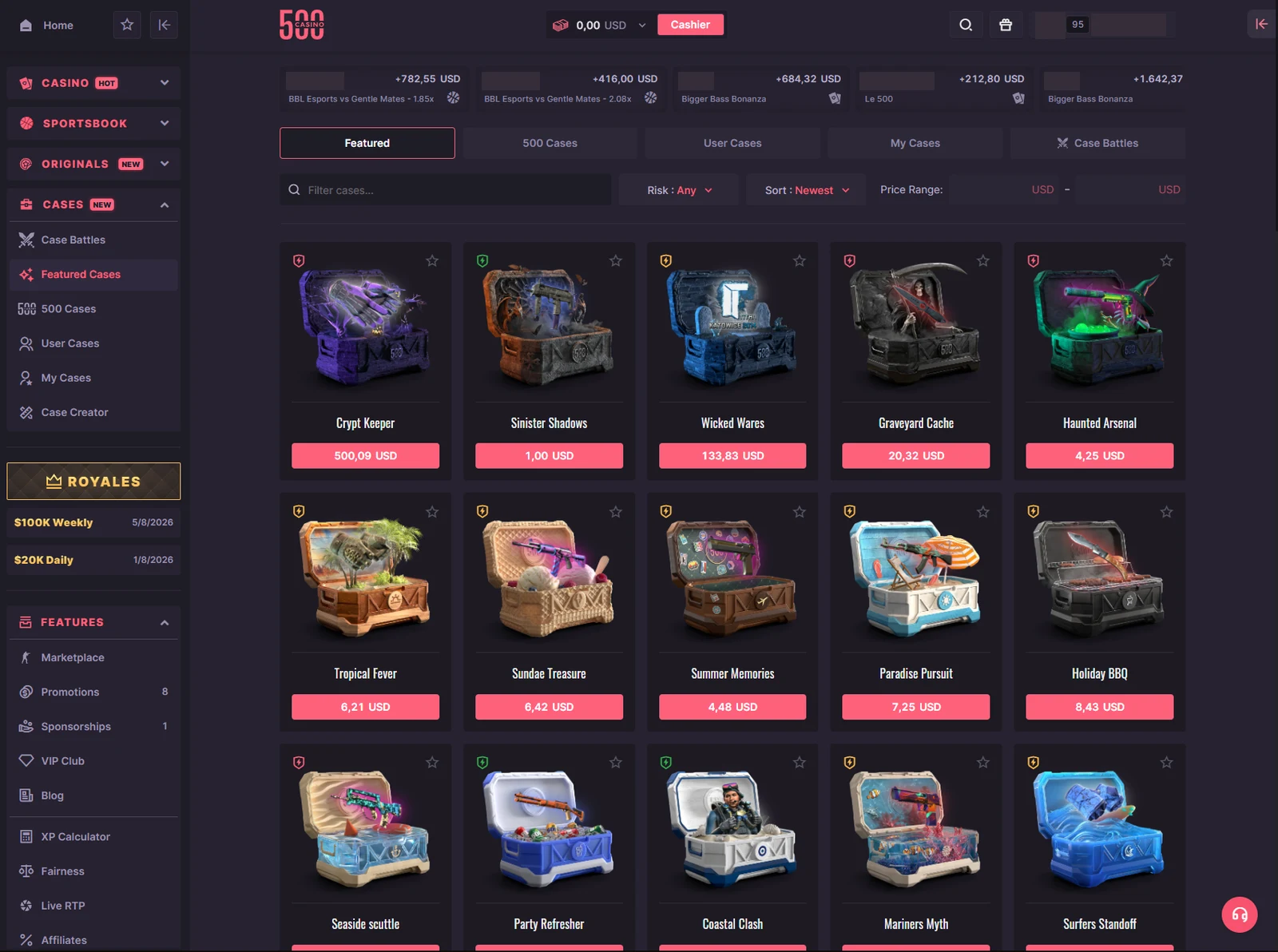 The Cases page with Featured, 500 Cases, User Cases, My Cases and Case Battles tabs, risk and price filters, and case tiles priced in USD