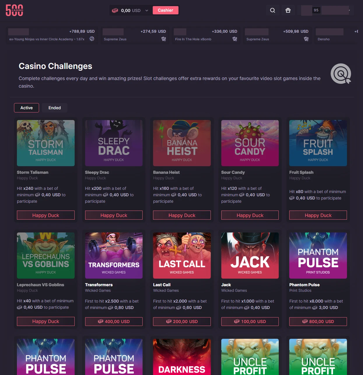 The Casino Challenges board with active challenge cards naming multiplier targets, minimum bets and fixed USD prizes