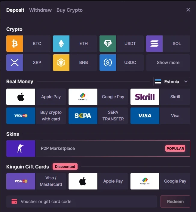 The cashier Deposit tab with crypto tiles, a region-gated Real Money block, a P2P Marketplace skins tile and a Kinguin gift card row