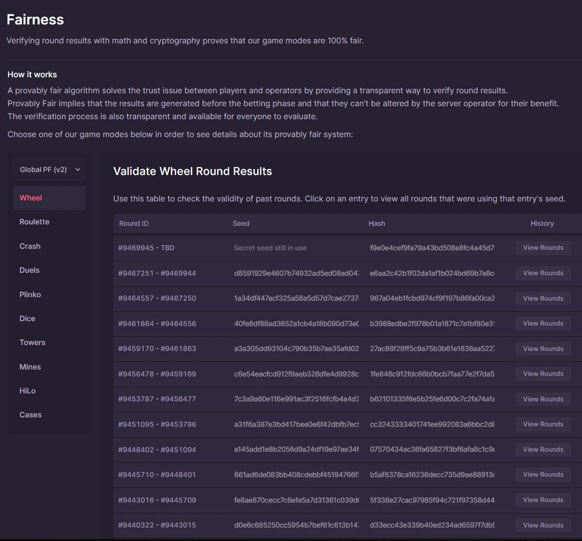 The 500 Casino fairness page listing ten game modes with round ranges, seeds and hashes