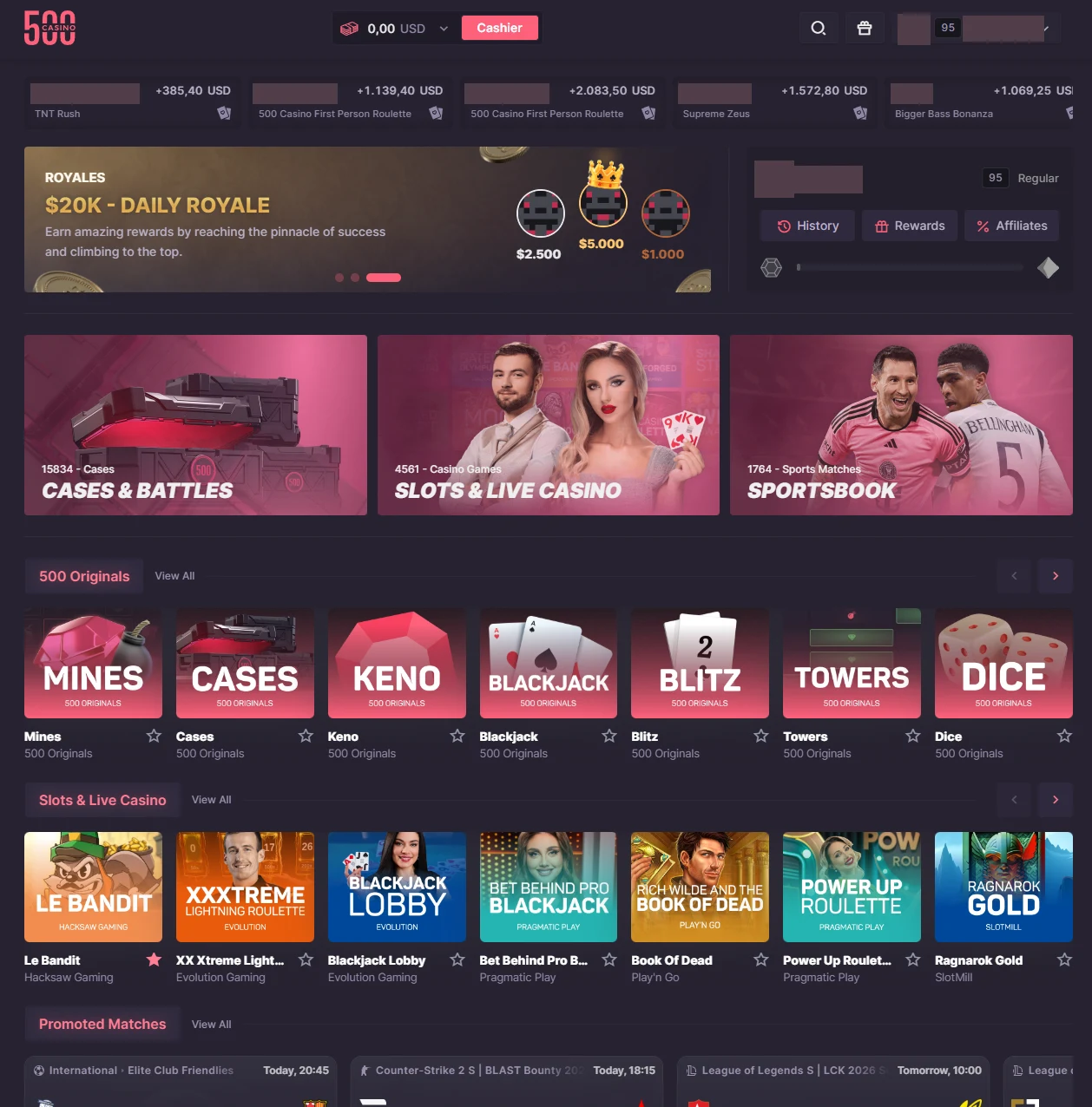 500 Casino homepage with a live win ticker, a Royales banner, three product tiles and rows of Originals and slots