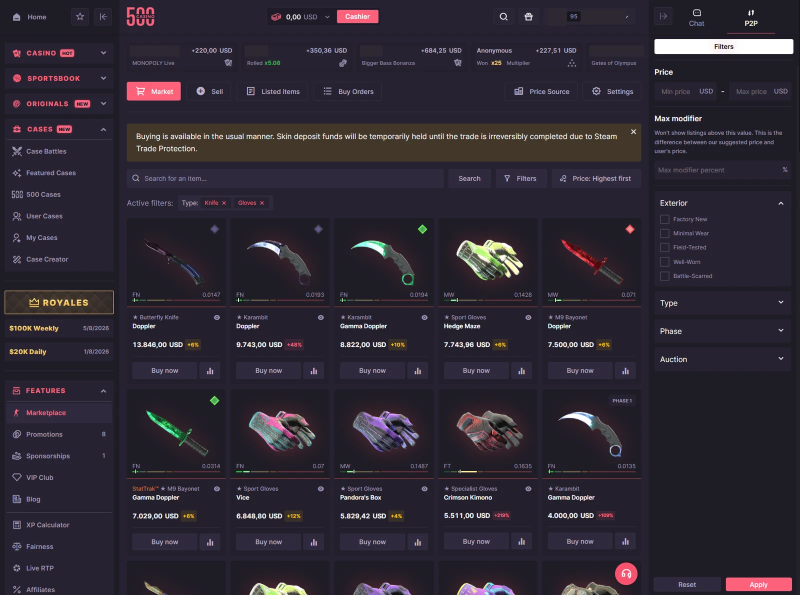 The P2P marketplace with Market, Sell, Listed items and Buy Orders tabs, knife and glove listings showing float and price modifiers, and a filter panel