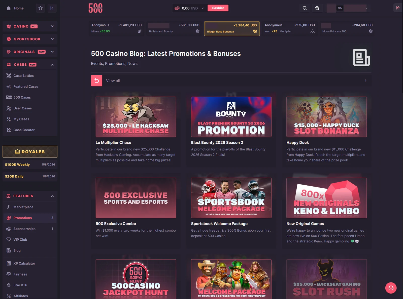 The promotions board laid out as blog cards covering provider challenges, a jackpot hunt, esports promotions and welcome packages