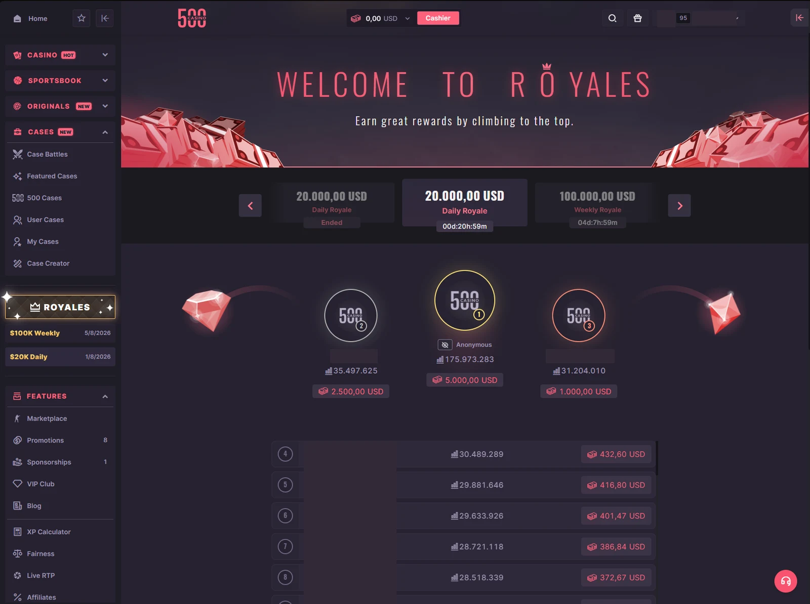 The Royales leaderboard page with daily and weekly prize pools, countdown timers, a three-place podium and ranked positions with USD prizes
