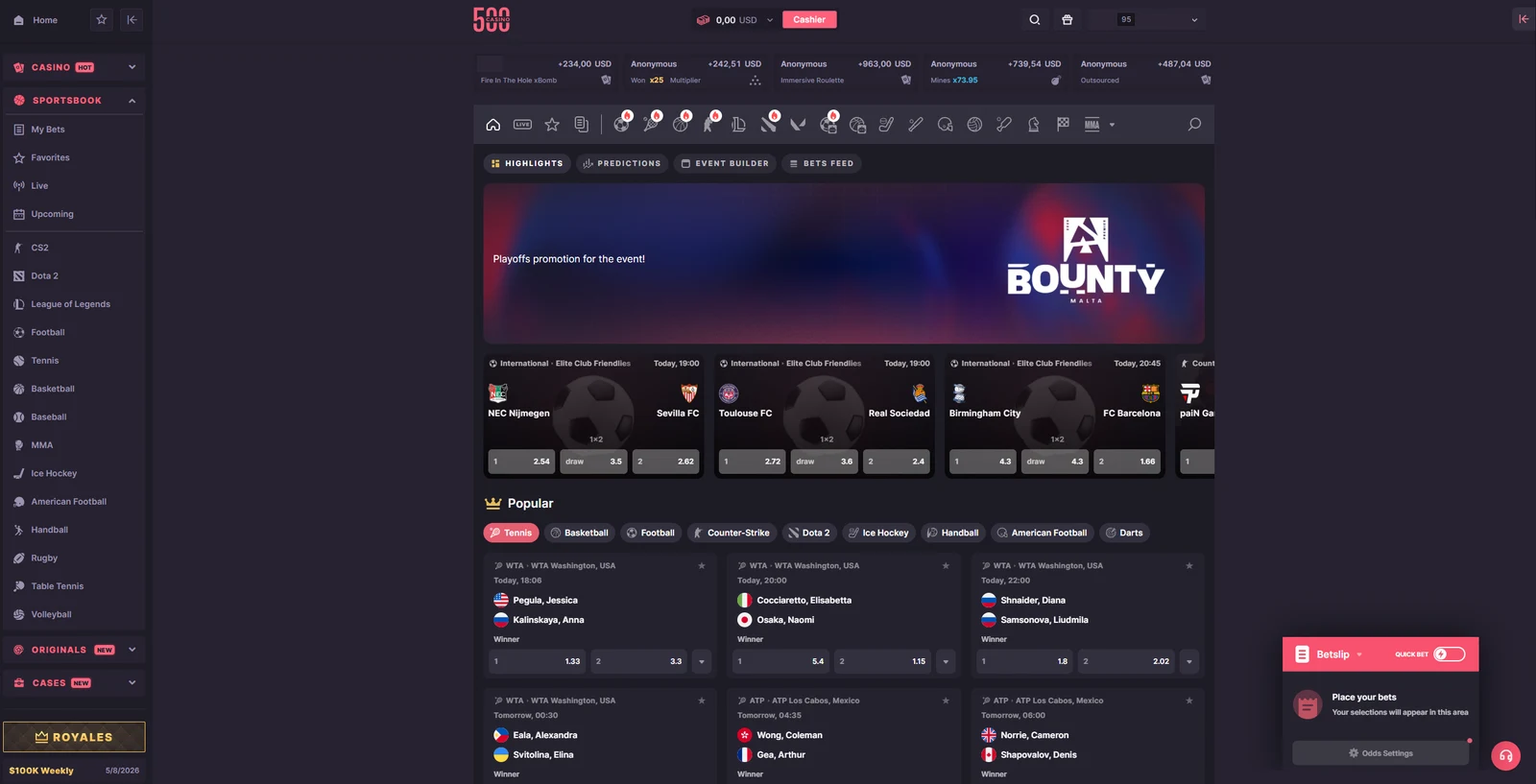The sportsbook with CS2 and Dota 2 at the top of the sports sidebar, a tournament promotion banner, match odds and a betslip panel