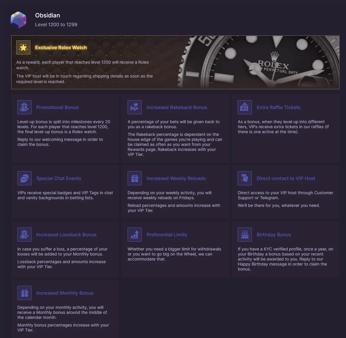 The Obsidian tier panel with a Rolex milestone banner and ten perk cards including VIP host contact and preferential limits