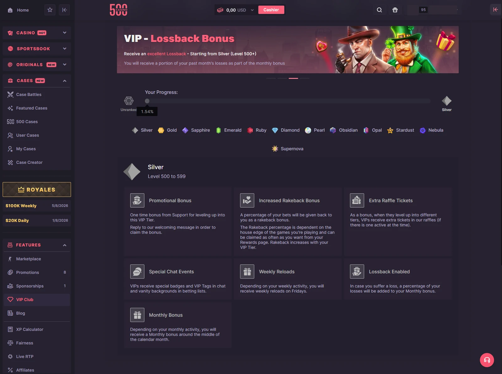 The 500 Casino Silver VIP tier card listing seven named perks with no figures attached