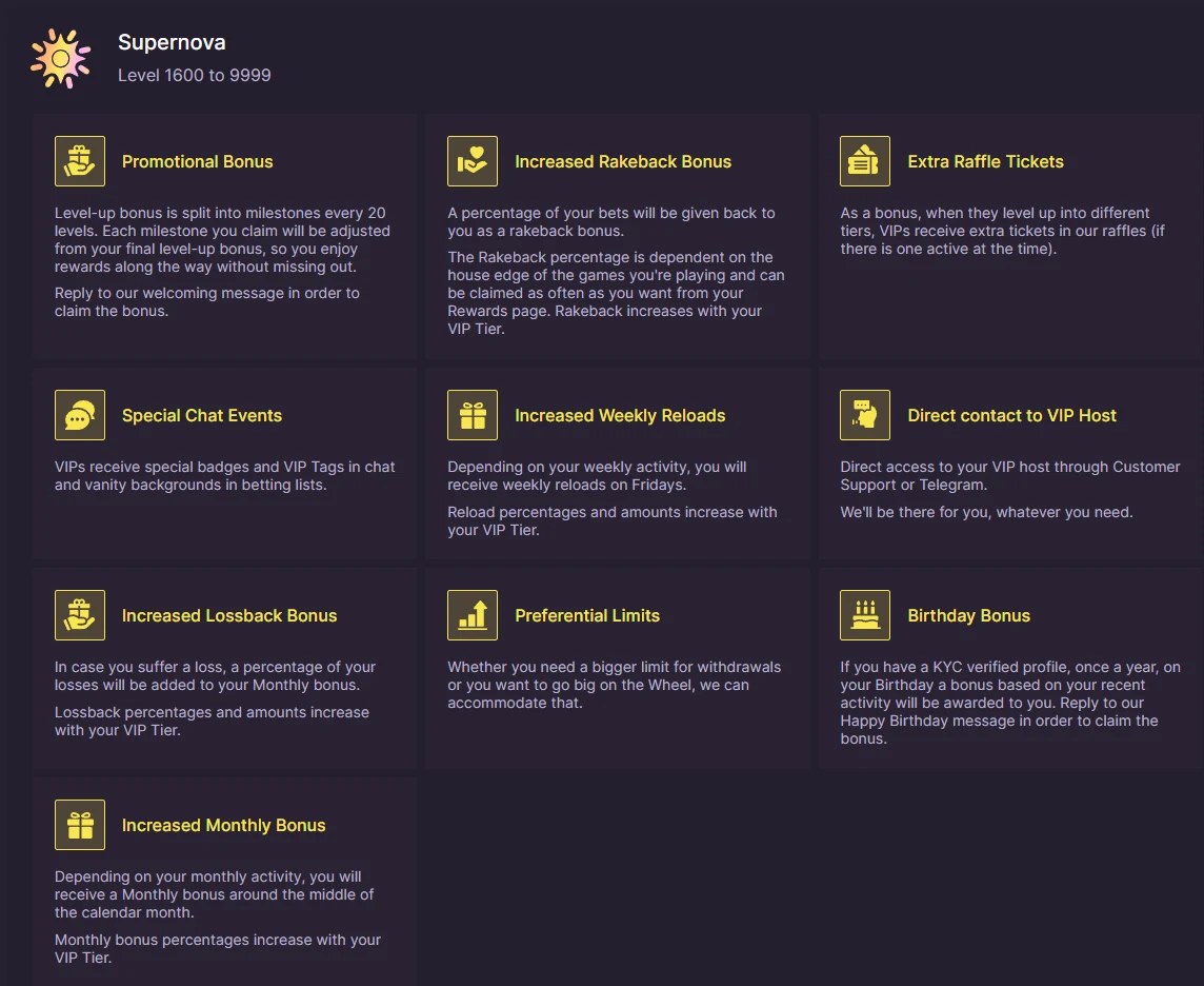 The Supernova tier panel showing ten perk cards and the milestone wording for the top level band