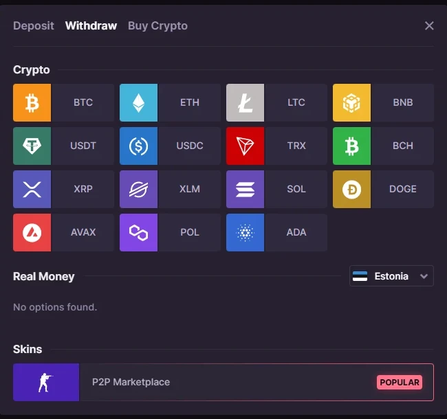 The 500 Casino withdraw panel with fifteen crypto tiles and an empty real-money block
