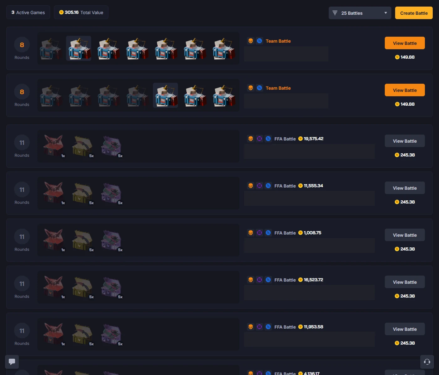 Chicken.gg case battle lobby listing team and FFA battles with round counts, case line-ups, entry costs and a Create Battle button