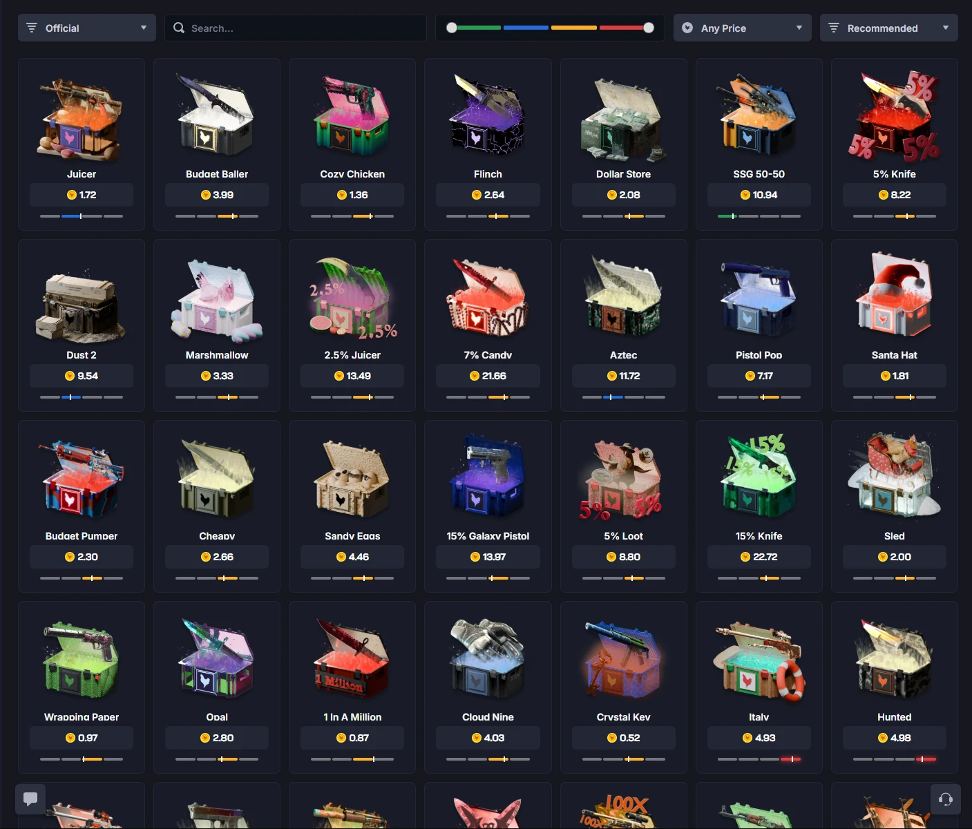 Chicken.gg case wall with probabilities printed in the case names and rarity bars beneath
