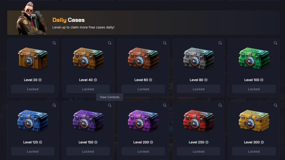 Chicken.gg Daily Cases page showing ten level-gated case tiles from Level 20 to Level 300, all marked Locked