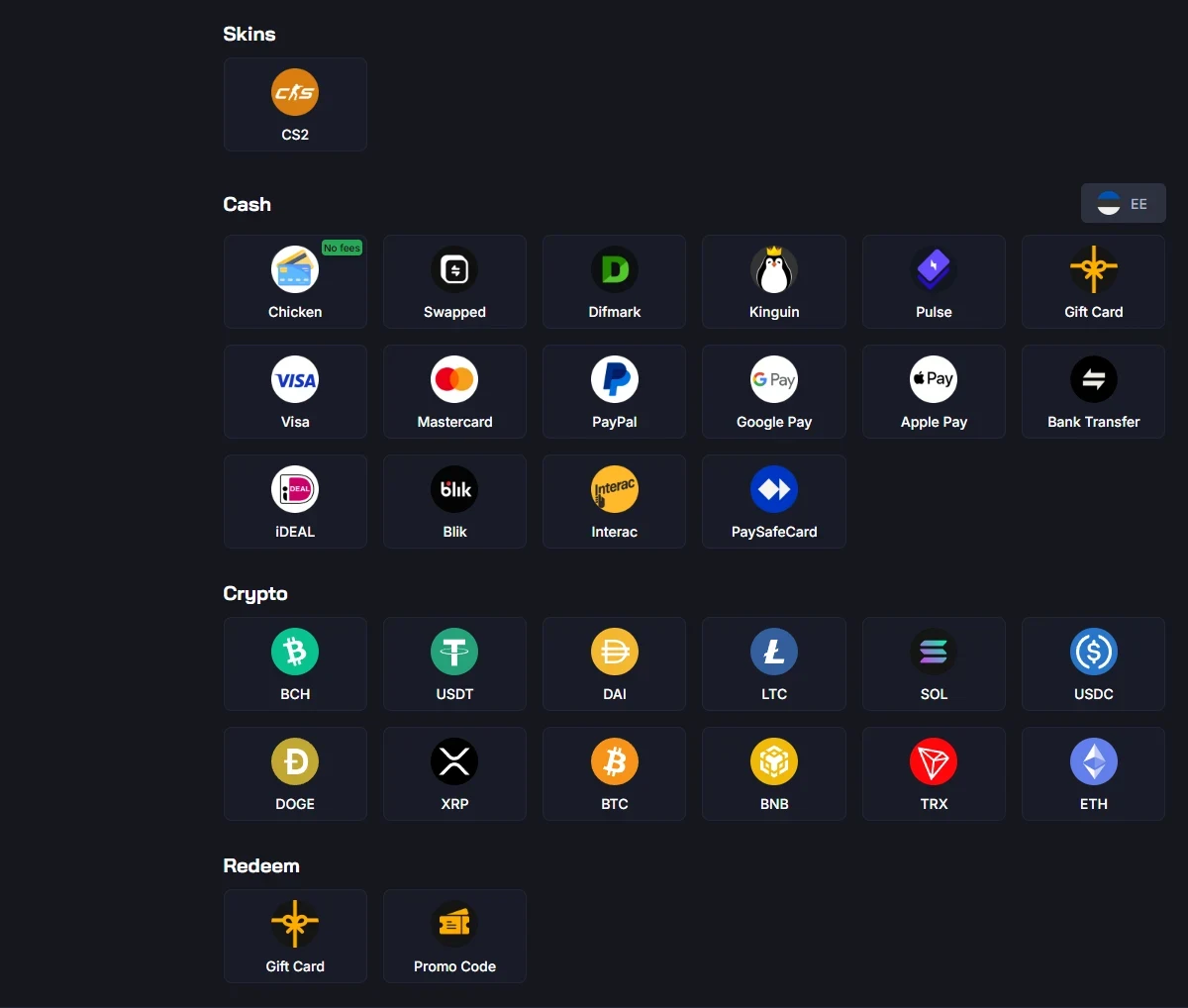 Chicken.gg deposit screen with a CS2 skins tile, sixteen cash methods including a Chicken tile tagged No fees, twelve cryptocurrencies and a Redeem block