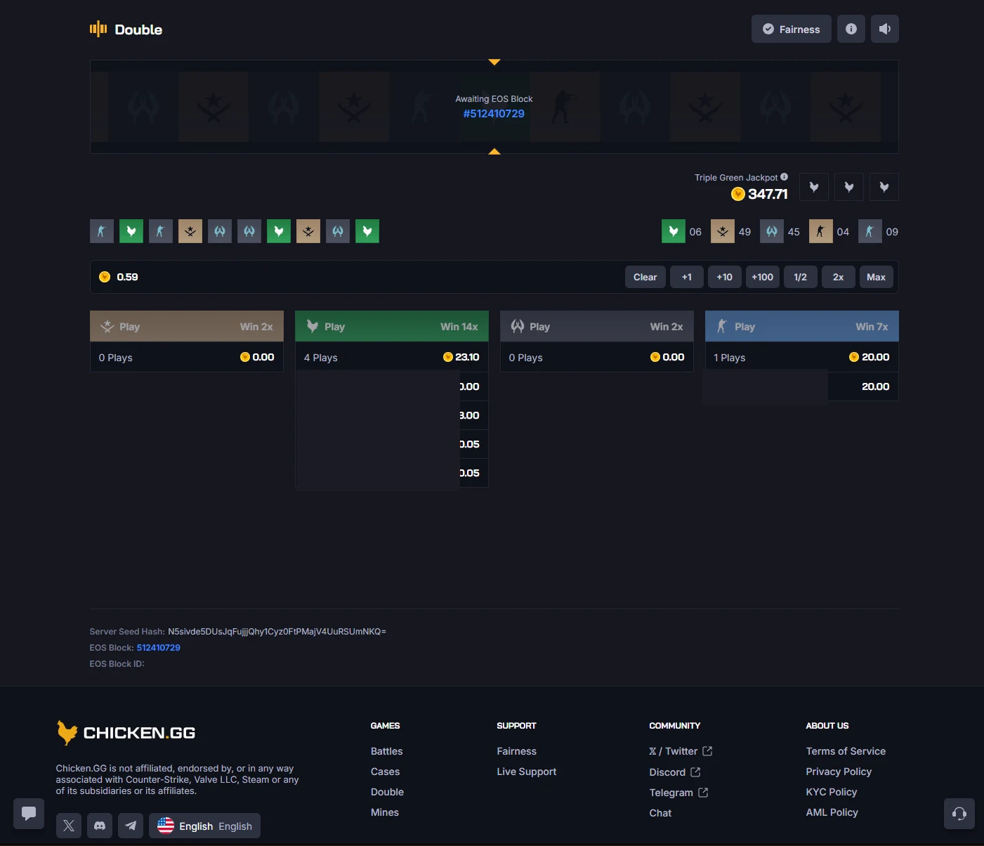 Chicken.gg Double game showing bet lanes above a printed server seed hash and EOS block number