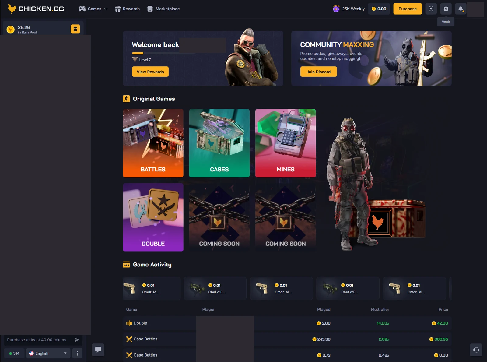 Chicken.gg logged-in home page with Original Games tiles for Battles, Cases, Mines and Double, plus a Game Activity table