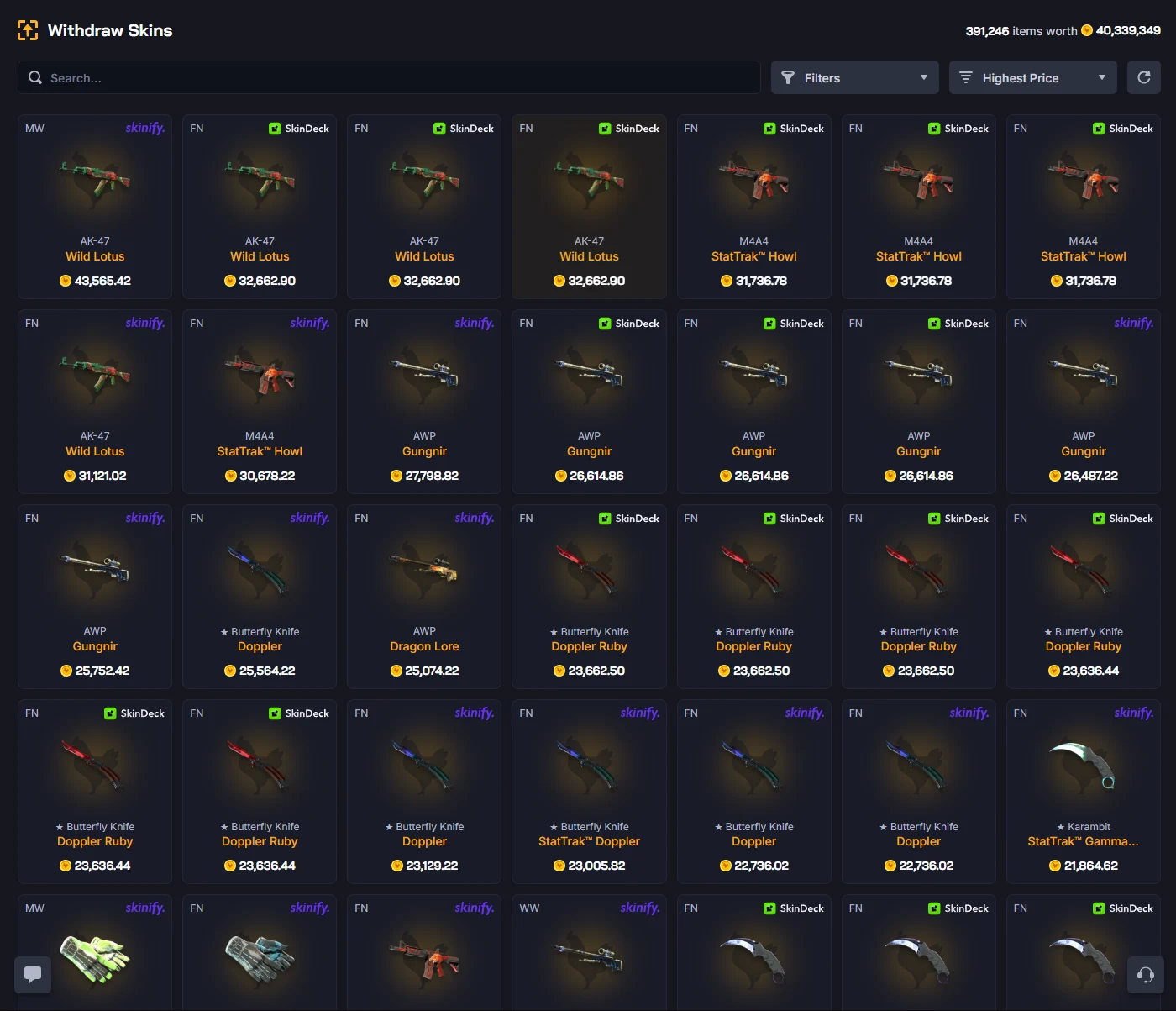 Chicken.gg Withdraw Skins marketplace sorted by highest price, showing knives, gloves and high-tier rifles with wear tags and skinify or SkinDeck source badges