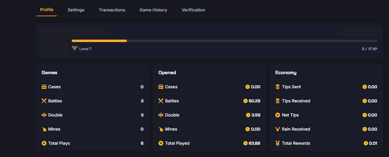 Chicken.gg profile tab showing a Level 7 XP bar with Games, Opened and Economy stat panels