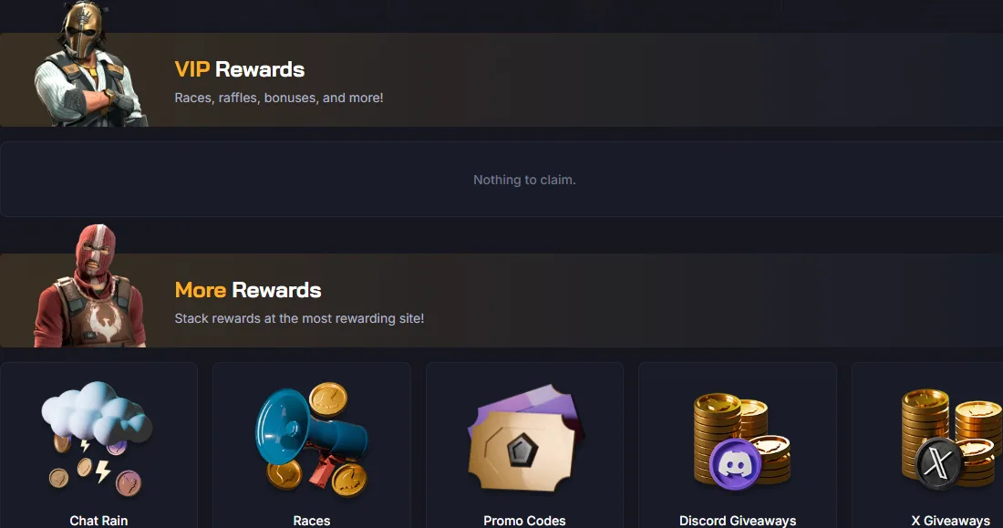 Chicken.gg VIP Rewards block reading Nothing to claim, above a More Rewards strip with Chat Rain, Races, Promo Codes, Discord Giveaways and X Giveaways