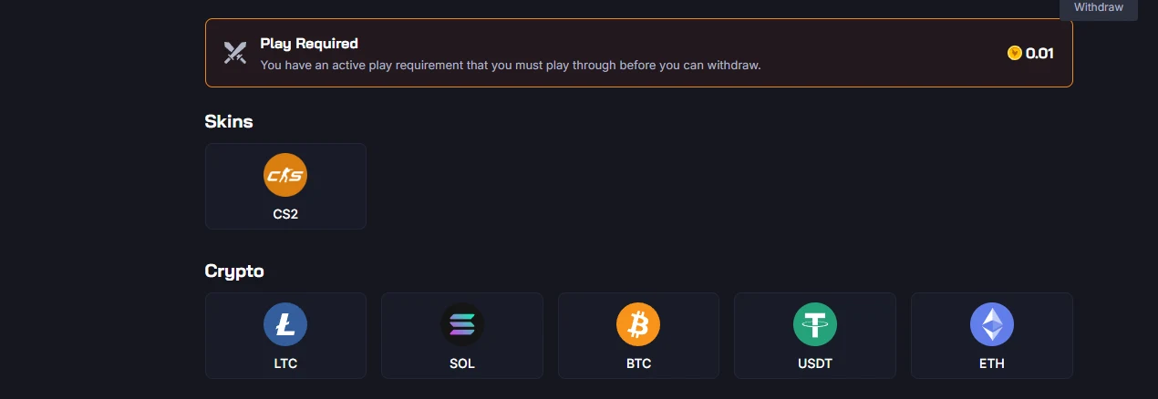 Chicken.gg withdraw page with a red play-requirement banner above five crypto tiles
