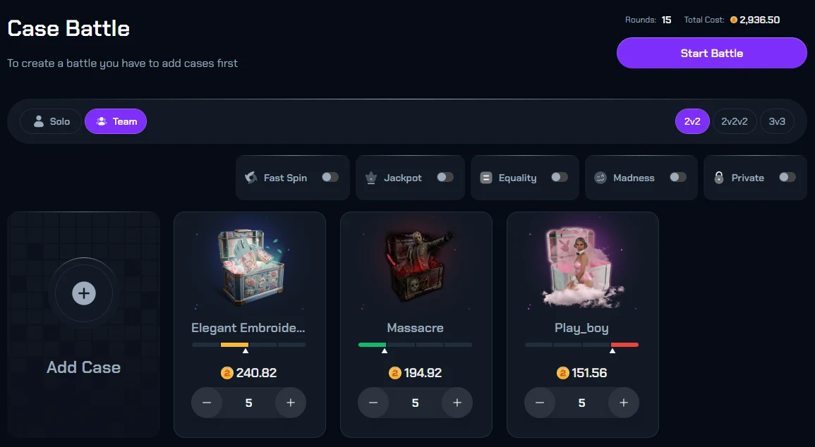 CS2Skin case battle creation screen with Solo and Team toggles, 2v2, 2v2v2 and 3v3 size options, five modifier switches, case tiles with quantity steppers, and a live rounds and total cost readout