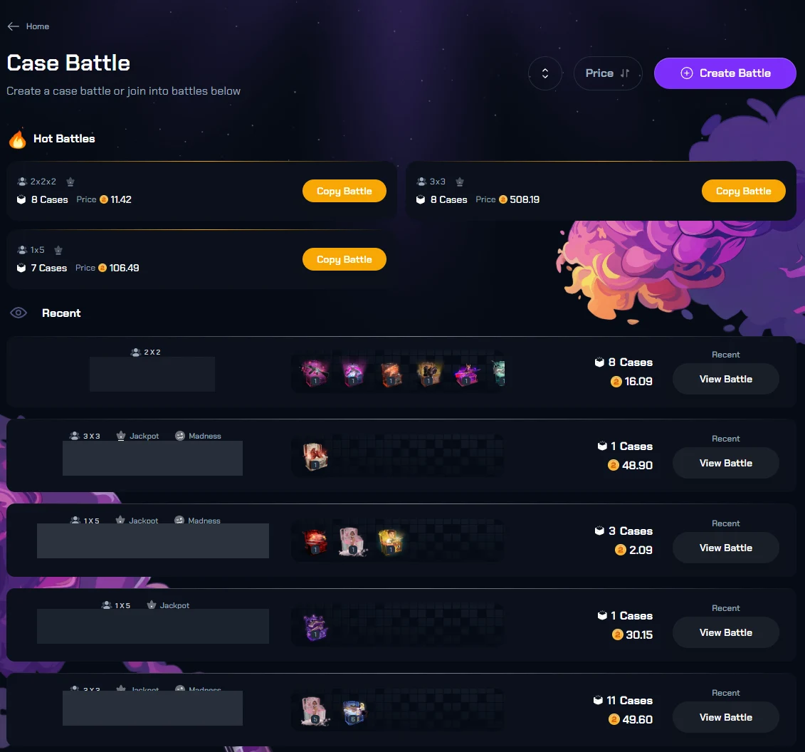 CS2Skin case battle lobby with a Hot Battles row showing 2x2x2, 3x3 and 1x5 formats with Copy Battle buttons, and a Recent list of finished battles with Jackpot and Madness tags