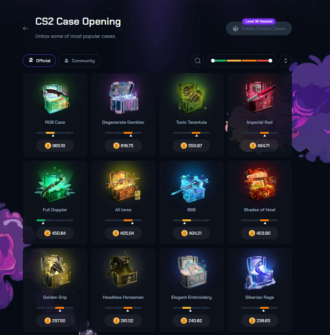 CS2Skin case opening page with Official and Community tabs, a coloured price-range slider, and a grid of cases each showing a risk bar and a coin price