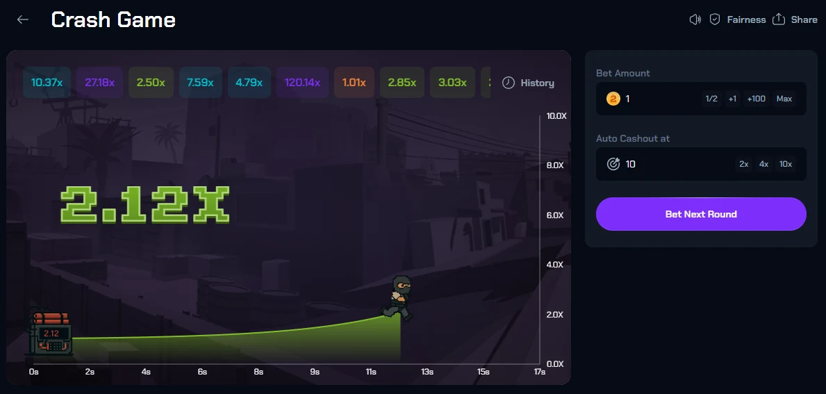 CS2Skin Crash game with a multiplier curve reading 2.12x, a colour-coded history strip of previous multipliers, and a betting panel with bet amount and auto cashout fields