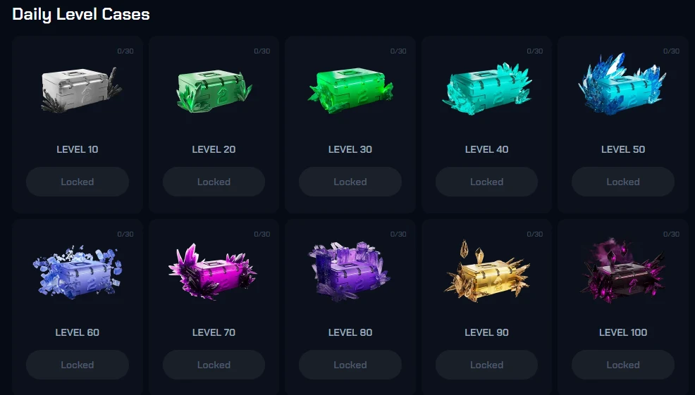 Ten CS2Skin daily level cases from level 10 to level 100, all marked locked with a 0 of 30 counter