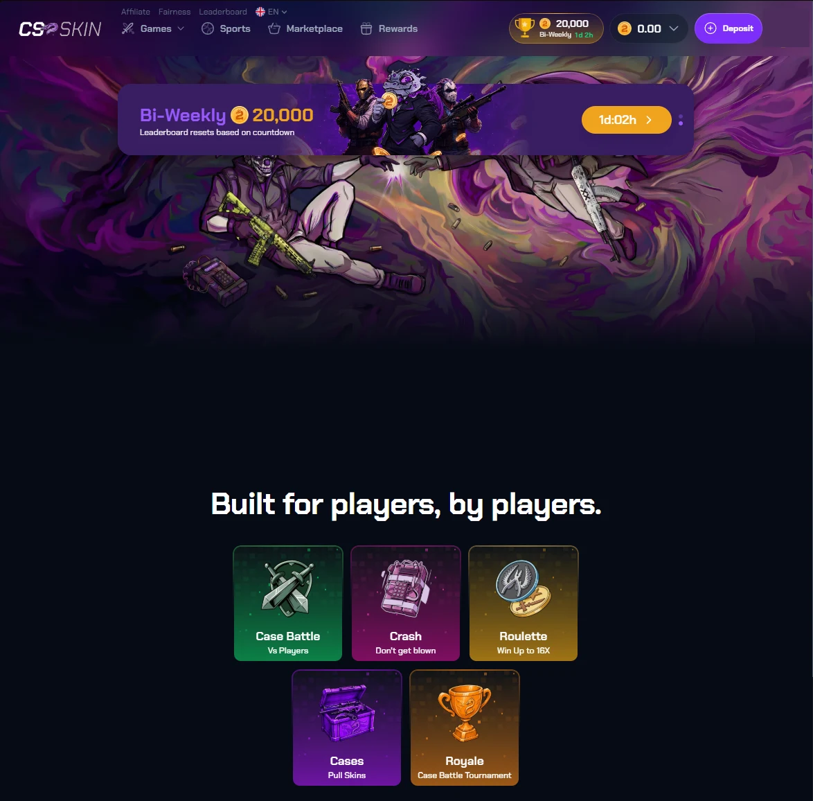 CS2Skin logged-in home page with a Bi-Weekly 20,000 leaderboard banner and five game tiles below reading Case Battle, Crash, Roulette, Cases and Royale