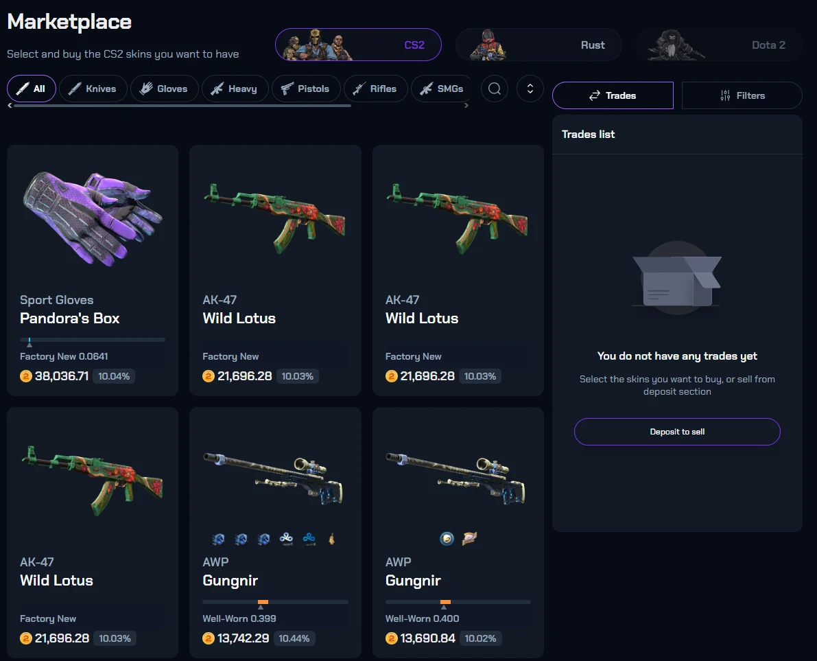 CS2Skin marketplace listings showing wear, float values and percentage badges on each card
