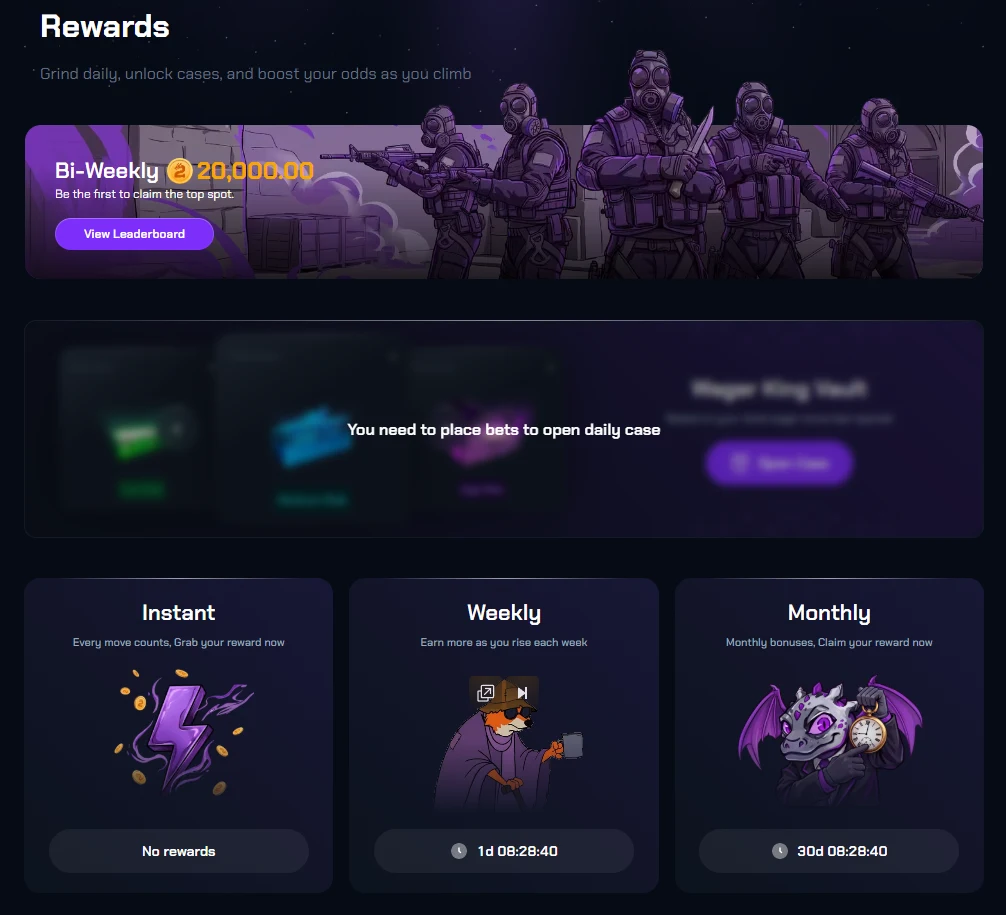 CS2Skin Rewards page with a Bi-Weekly 20,000 banner, a blurred daily case panel overlaid with the message that bets must be placed first, and Instant, Weekly and Monthly reward tiles below