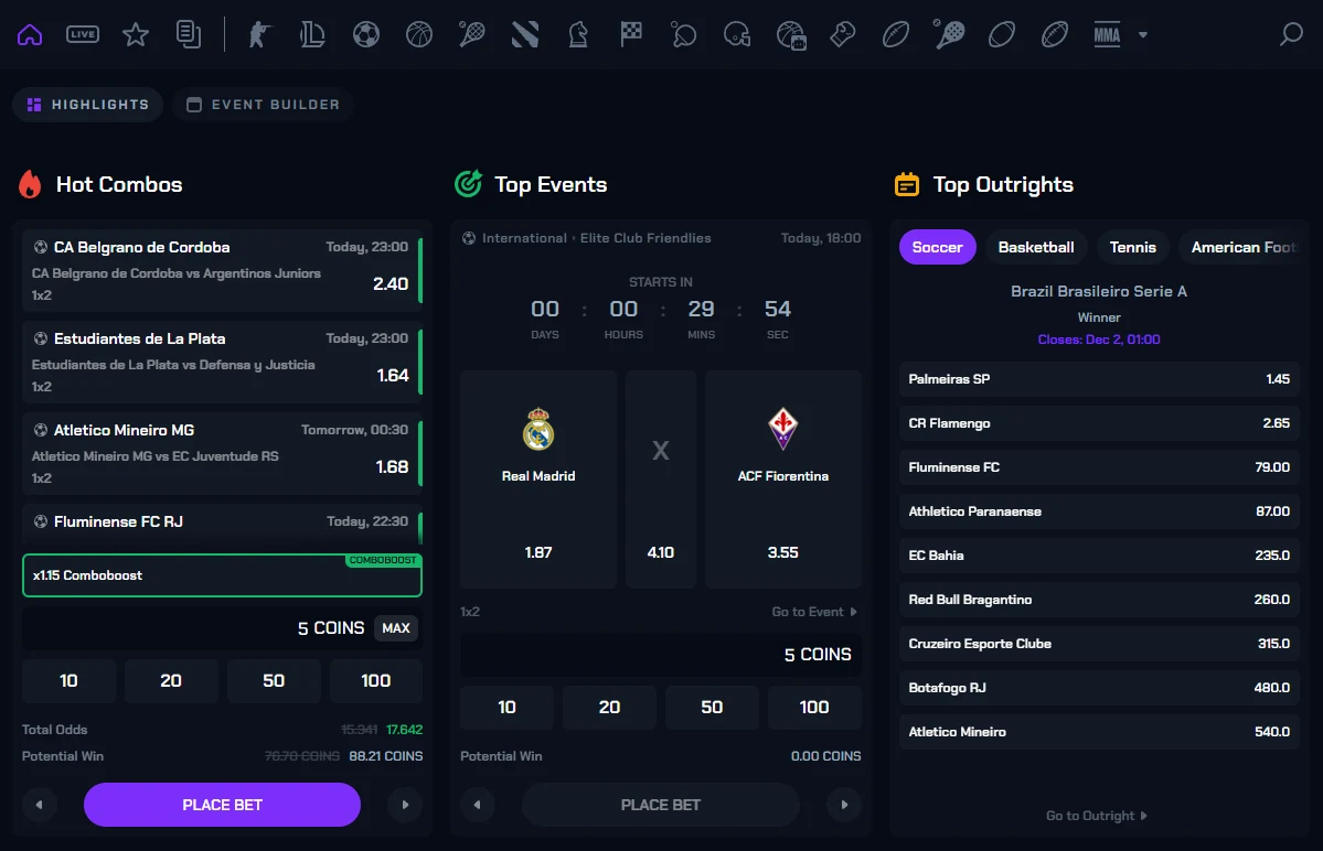 CS2Skin sportsbook with a sport icon rail, Highlights and Event Builder tabs, and three columns showing Hot Combos with a comboboost, a featured event with a countdown, and a Top Outrights winner market