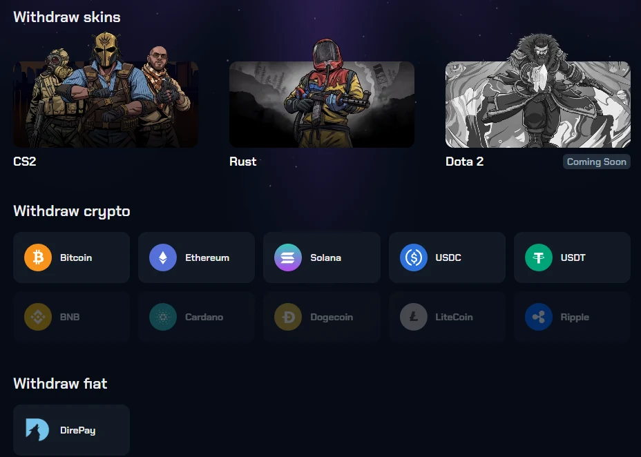 CS2Skin withdraw screen showing skins, five live coins, five dimmed coins and a single fiat option