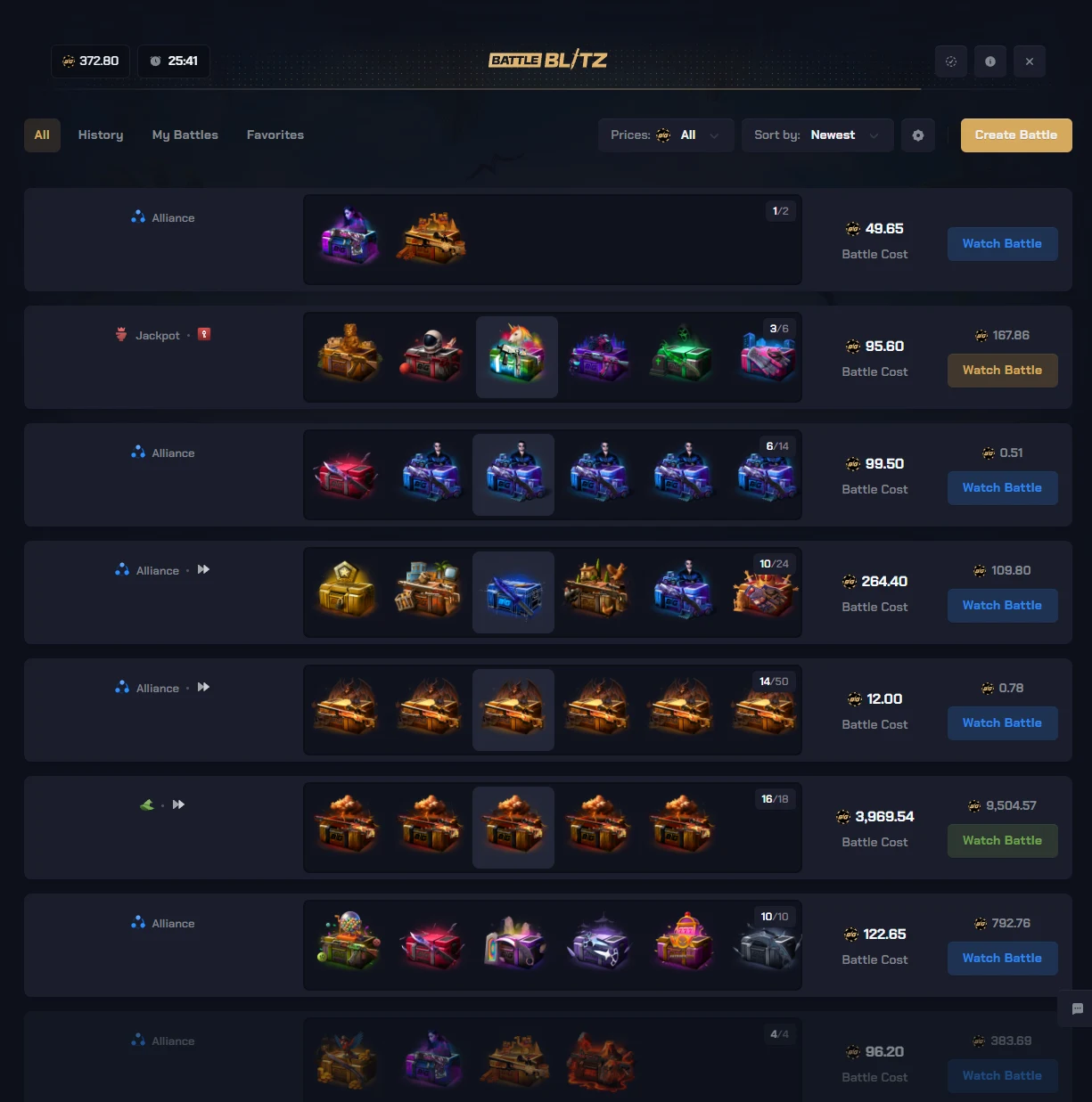 CSGOBig case battle lobby with a Battle Blitz banner and countdown, tabs for All, History, My Battles and Favorites, and rows showing mode tags, case line-ups with progress counters, battle costs and Watch Battle buttons