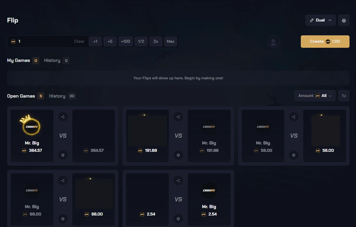 CSGOBig Flip lobby with an amount field and create button, empty My Games and History tabs, and five open coinflip games each showing two equal stakes either side of a VS with share and fairness icons