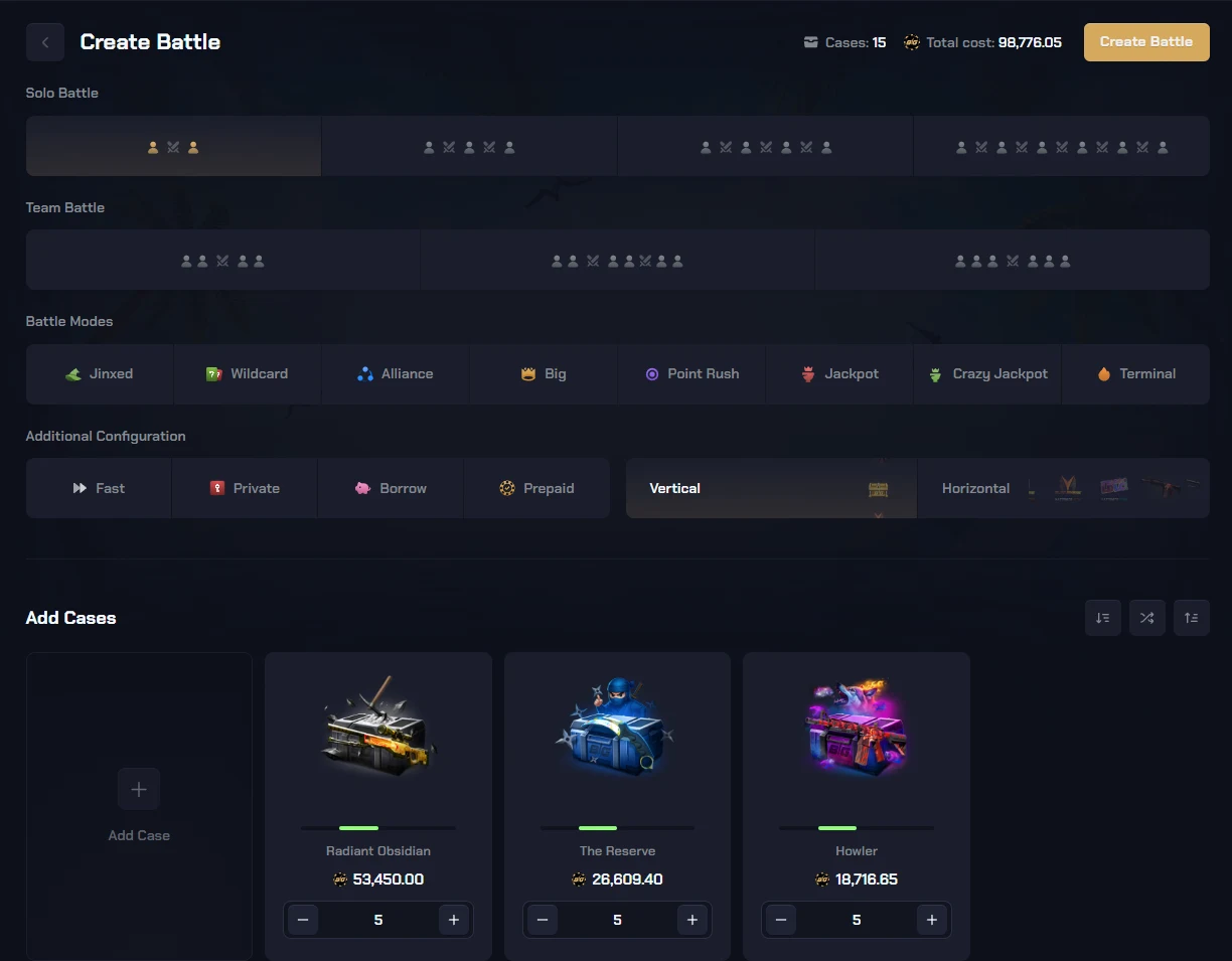 CSGOBig Create Battle screen showing four solo formats and three team formats, eight battle modes including Jackpot and Crazy Jackpot, four configuration toggles, and a case picker with quantity steppers and a running total cost