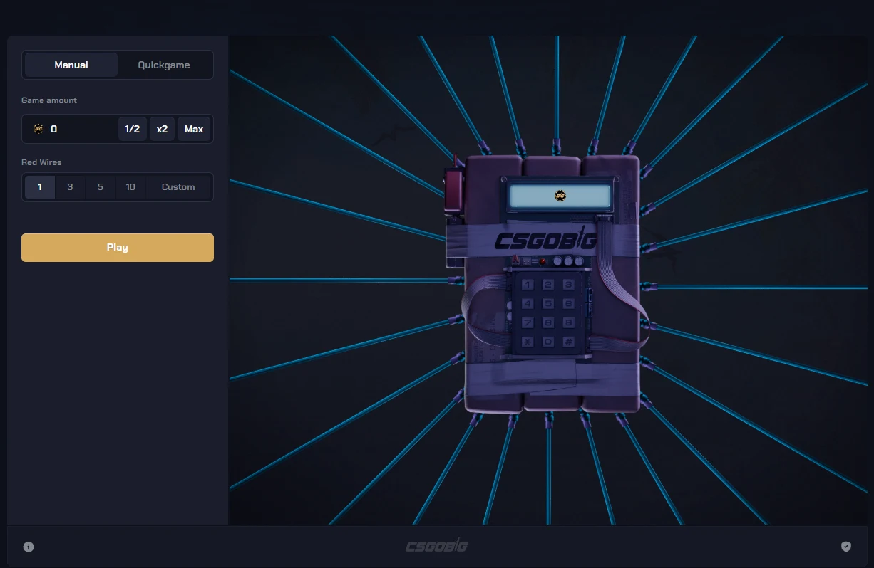 CSGOBig Defusal game showing a bomb with blue wires radiating outward, and a control panel with Manual and Quickgame tabs, a game amount field and a Red Wires selector offering 1, 3, 5, 10 or custom
