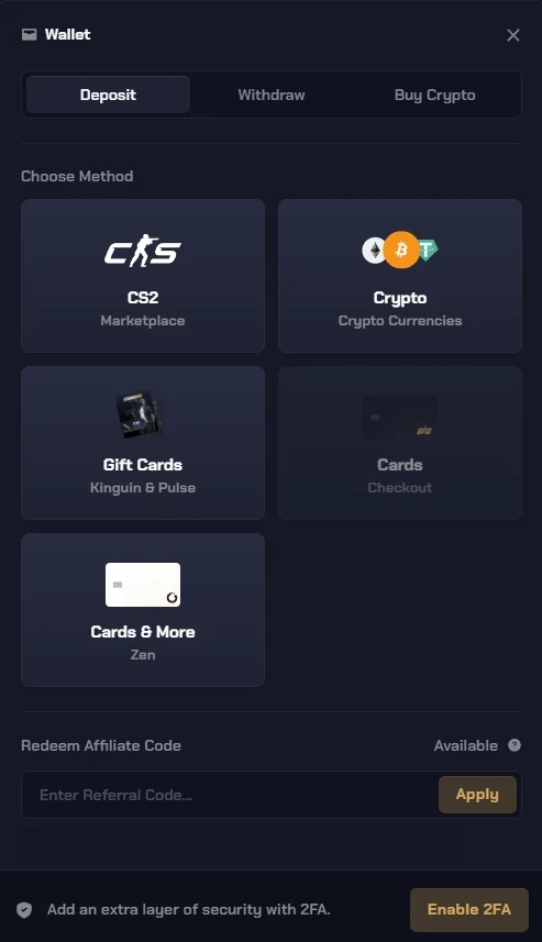 CSGOBig wallet panel on the Deposit tab showing five method tiles — CS2 Marketplace, Crypto, Gift Cards, Cards and Cards & More — above an affiliate code field and a prompt to enable two-factor authentication