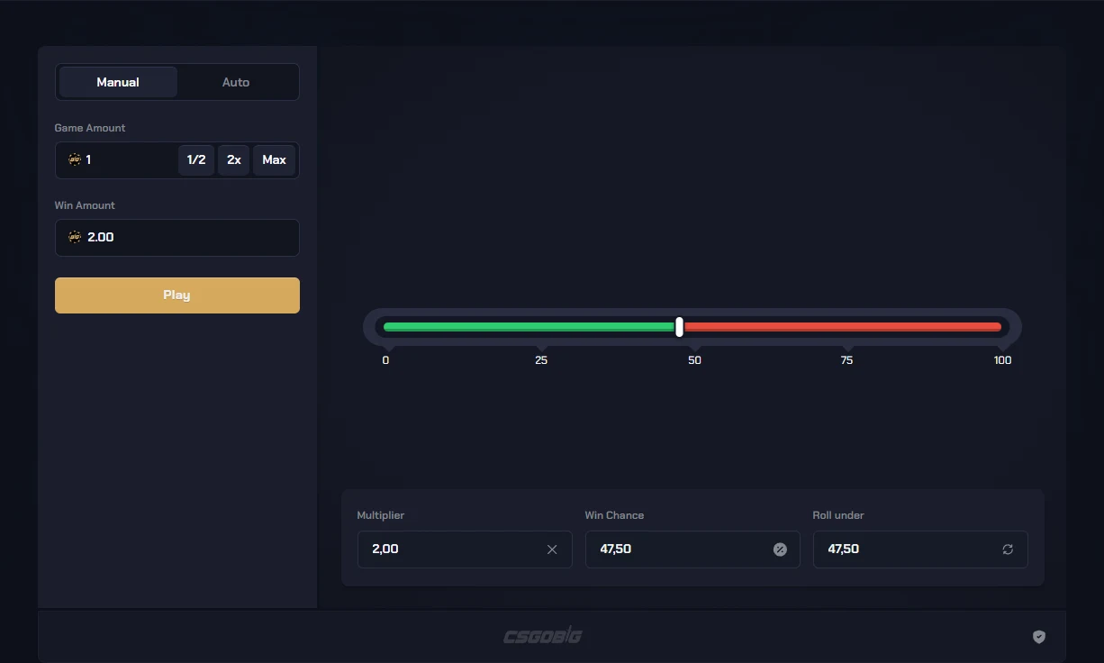 CSGOBig Roll interface showing multiplier 2.00, win chance 47.50 and roll under 47.50 together