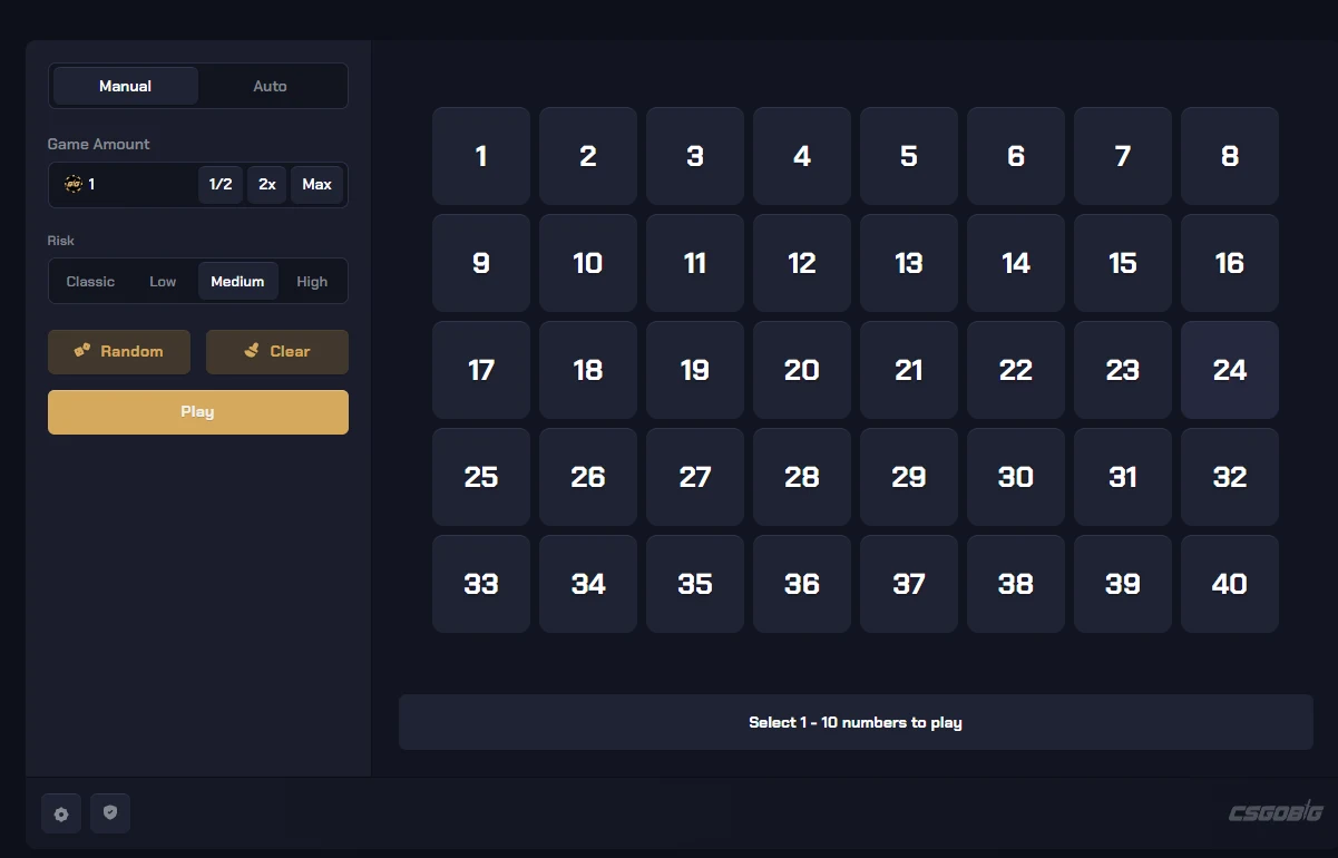 CSGOBig Keno board with a 40-square number grid, a prompt to select one to ten numbers, and a panel offering Classic, Low, Medium and High risk settings with random and clear shortcuts