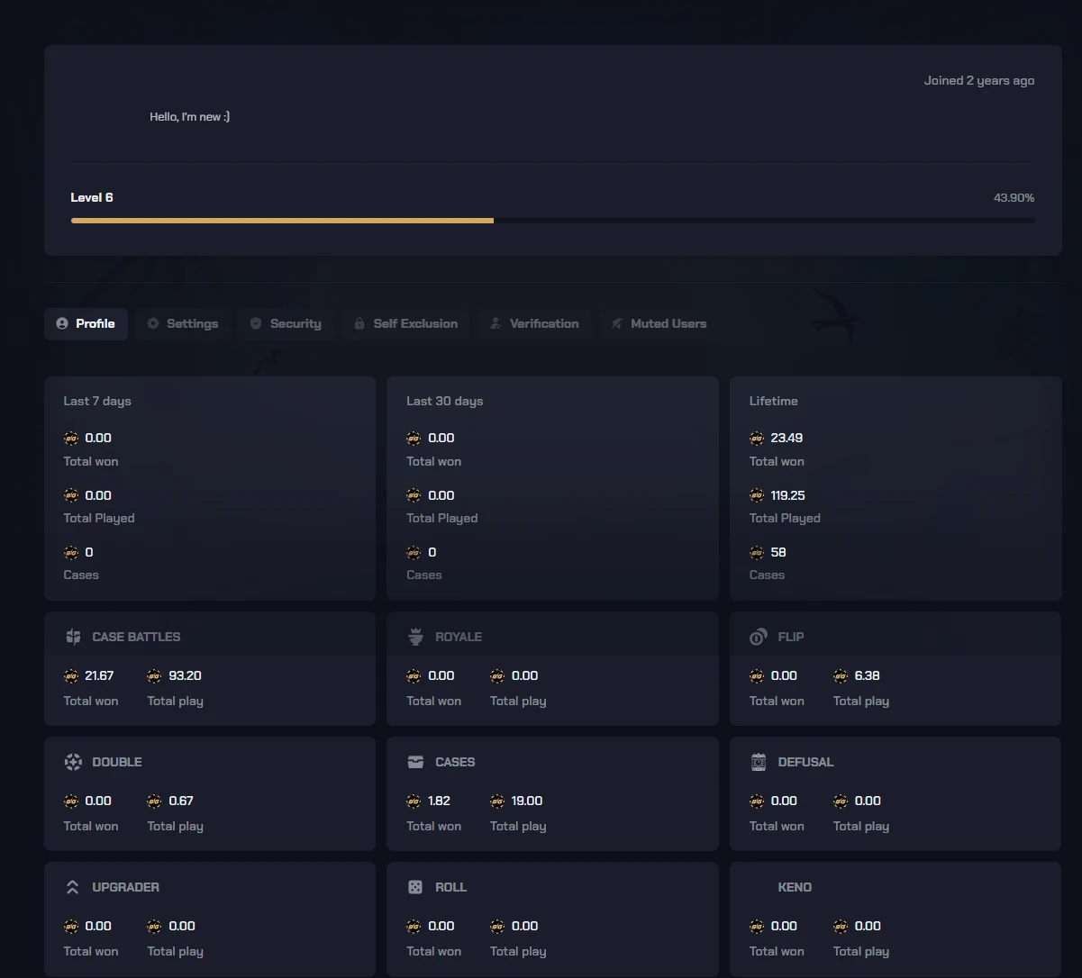 CSGOBig profile page showing a Level 6 bar at 43.90%, tabs for Profile, Settings, Security, Self Exclusion, Verification and Muted Users, and per-game totals for case battles, royale, flip, double, cases, defusal, upgrader, roll and keno