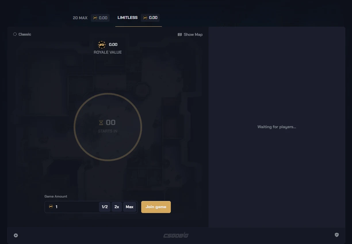 CSGOBig Royale screen with 20 MAX and LIMITLESS room tabs, a Royale Value pot readout, a starts-in countdown ring over a CS map backdrop, an empty player list reading waiting for players, and a game amount field with a join button