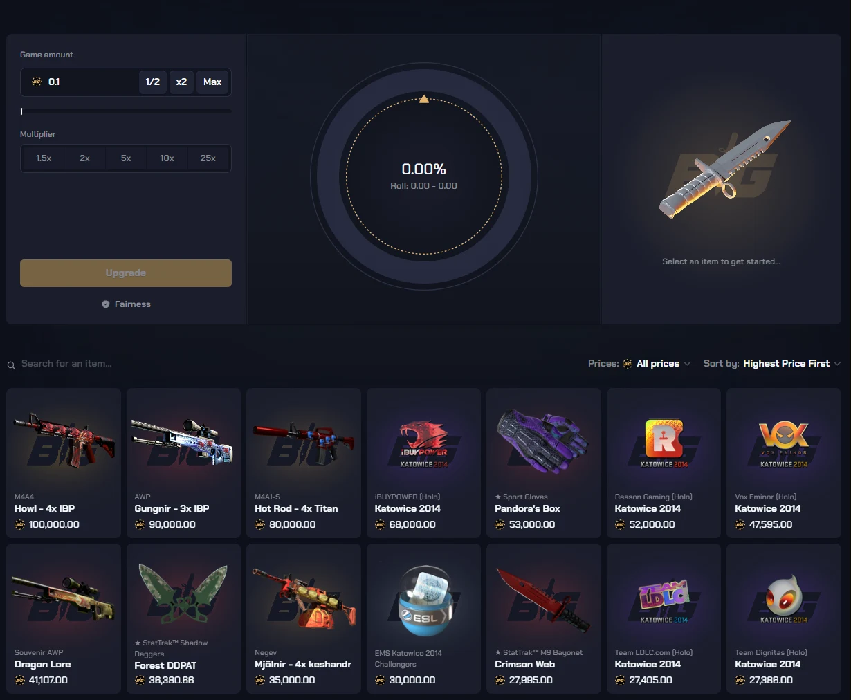 CSGOBig Upgrader with a game amount field, multiplier presets from 1.5x to 25x, a circular success-percentage dial reading 0.00%, a fairness link, and a searchable item grid led by an M4A4 Howl and an AWP Gungnir