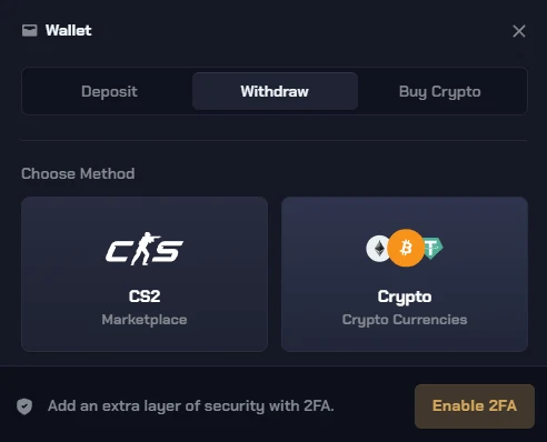 CSGOBig withdraw tab offering only a CS2 marketplace tile and a crypto tile