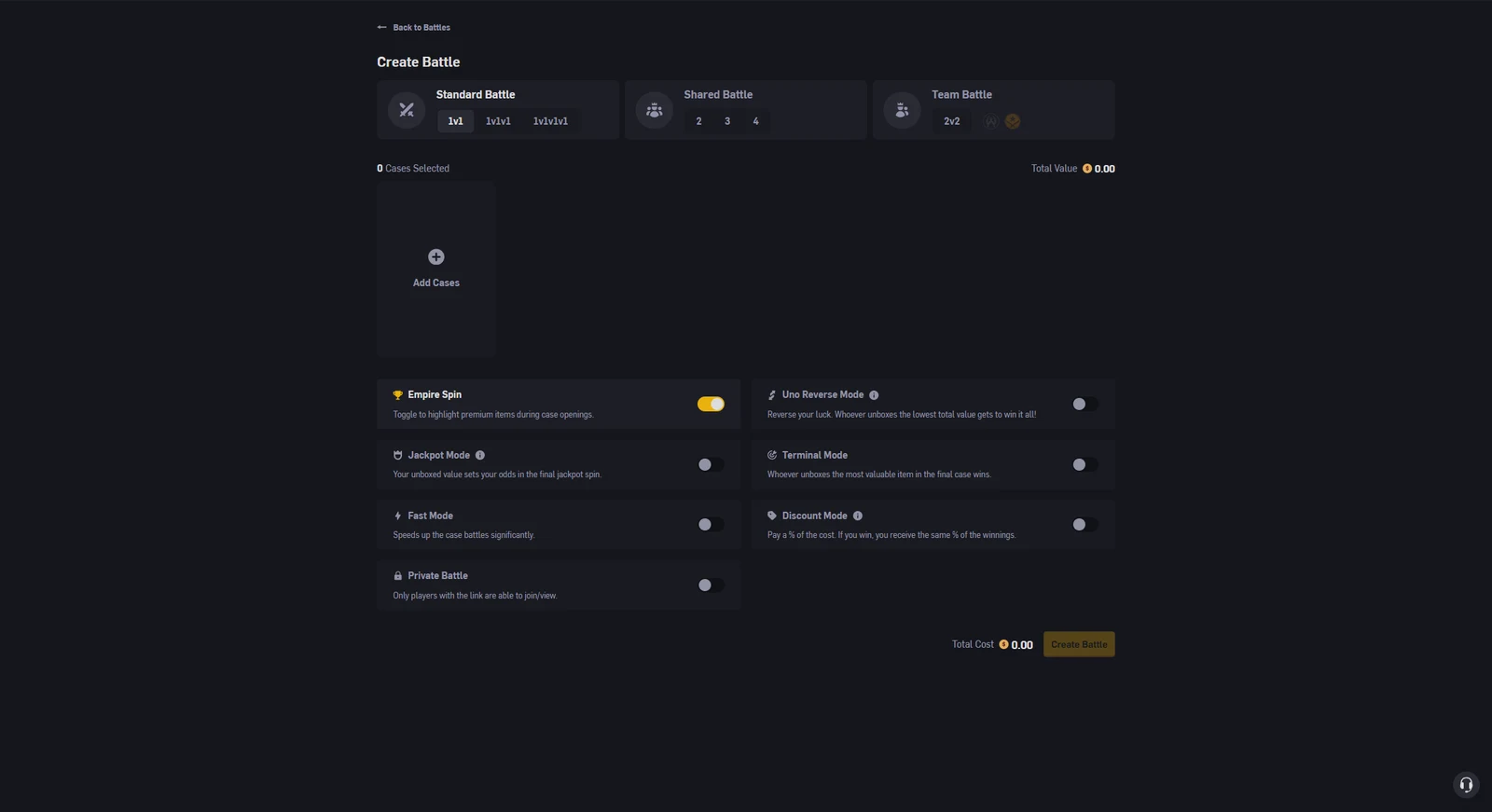 CSGOEmpire create battle screen with standard, shared and team formats and toggles for Empire Spin, Uno Reverse, Jackpot, Terminal, Fast, Discount and Private modes