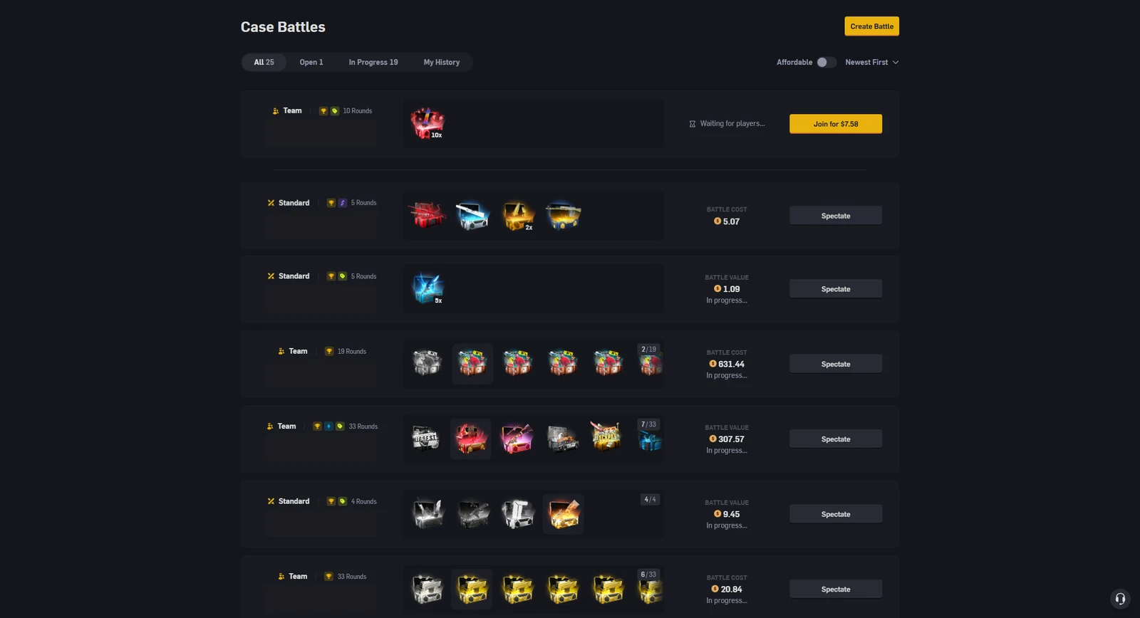 CSGOEmpire case battles list with All, Open, In Progress and My History tabs, showing standard and team battles with round counts and battle costs from 1.09 to 631.44 coins