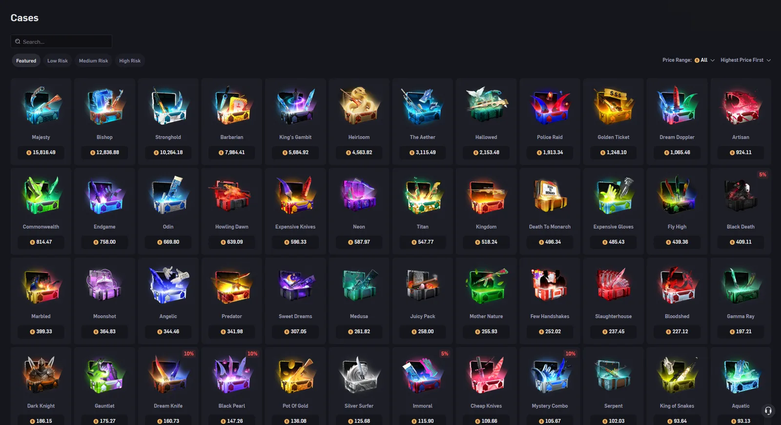 CSGOEmpire cases page with Featured, Low Risk, Medium Risk and High Risk filters, showing cases priced from 15,816.49 coins down to 93.13