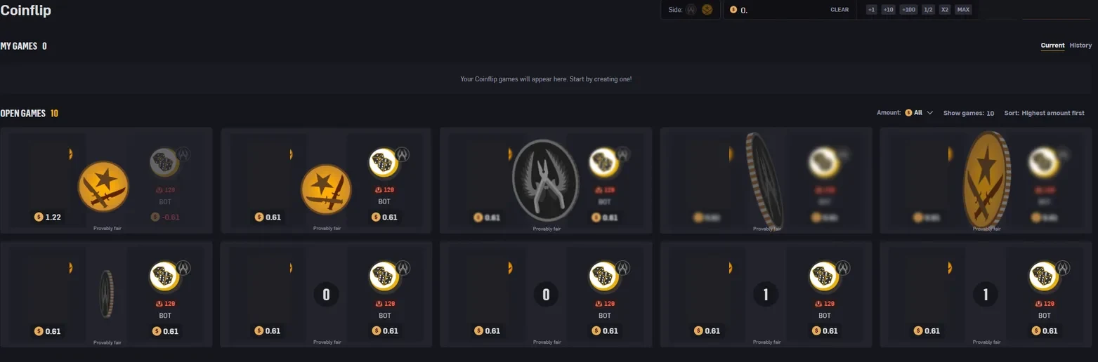CSGOEmpire coinflip lobby with ten open games, most of them tagged BOT at 0.61 coins, each card labelled provably fair